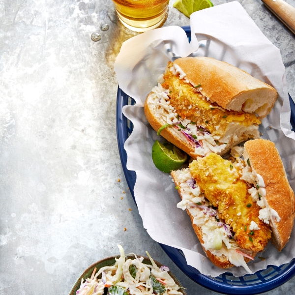 Air-Fried Crispy Fish Po' Boys with Chipotle Slaw