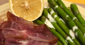 Pancetta-Wrapped Haddock with Lemon Aioli and Roasted Asparagus