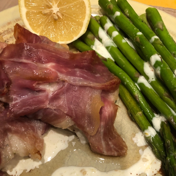 Pancetta-Wrapped Haddock with Lemon Aioli and Roasted Asparagus