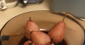 Red Wine Poached Pears with Chocolate Filling