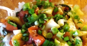 Shrimp Stir Fry with Bok Choy, Diced Tomatoes, and Rice Noodles