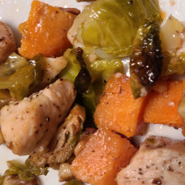 Pan-Roasted Chicken with Lemon-Garlic Brussels Sprouts and Potatoes