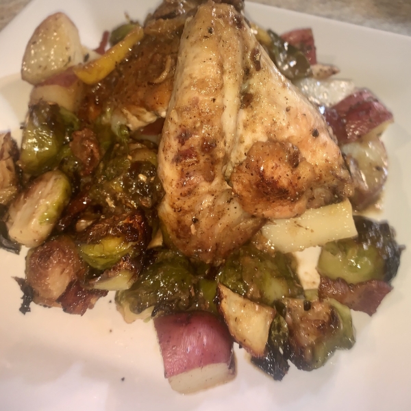 Pan-Roasted Chicken with Lemon-Garlic Brussels Sprouts and Potatoes