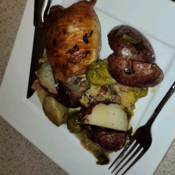 Pan-Roasted Chicken with Lemon-Garlic Brussels Sprouts and Potatoes