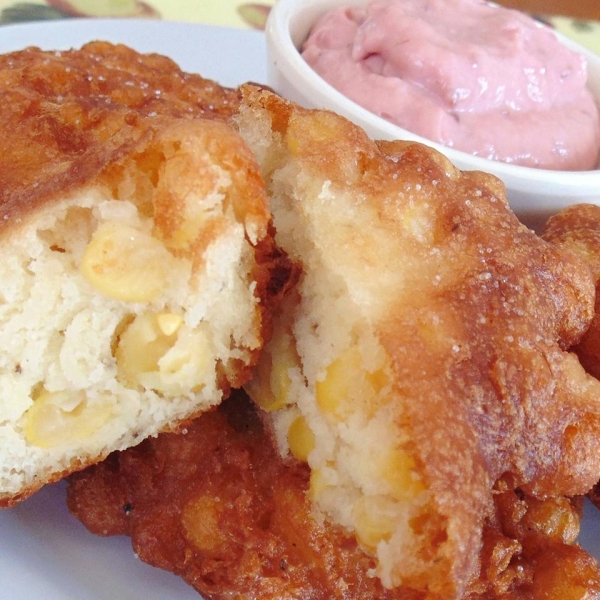 Corn Fritters with Raspberry Mayonnaise