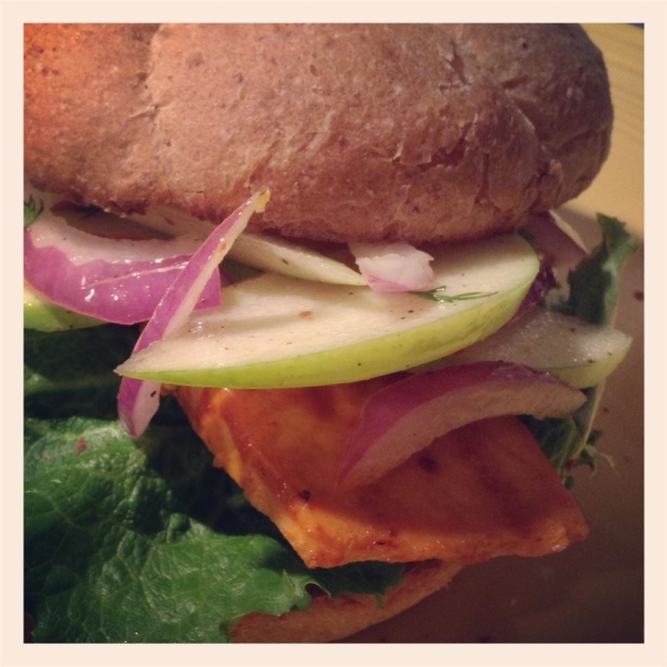 Grilled Salmon Sandwich with Green Apple Slaw