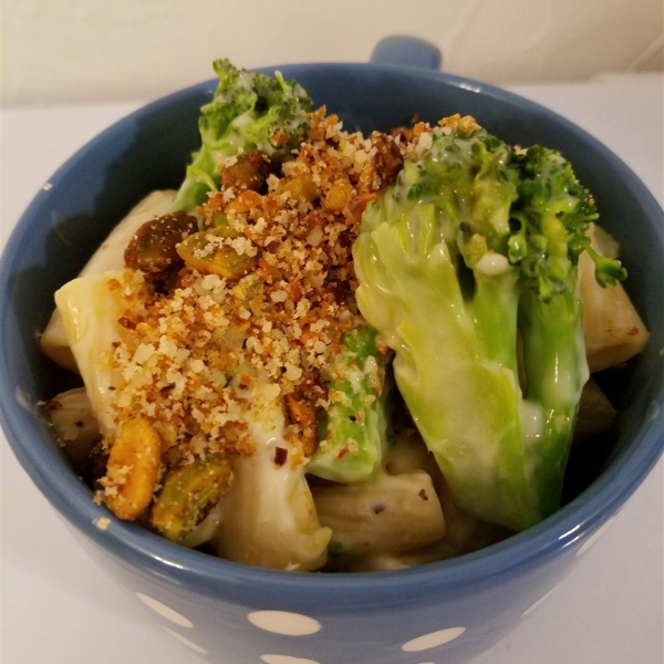 Roasted Broccoli Alfredo Pasta with Pistachio Crumble