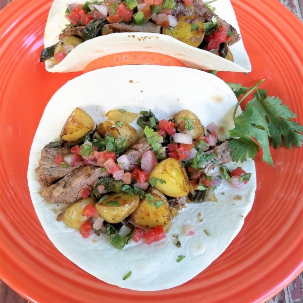 Steak and Potato Tacos with Poblano Chilies