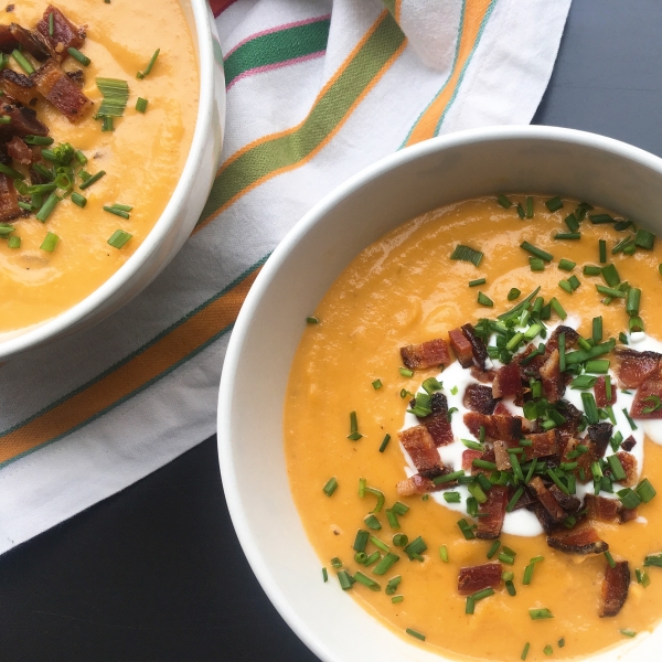 Potato-Parsnip Soup with Creme Fraiche and Bacon