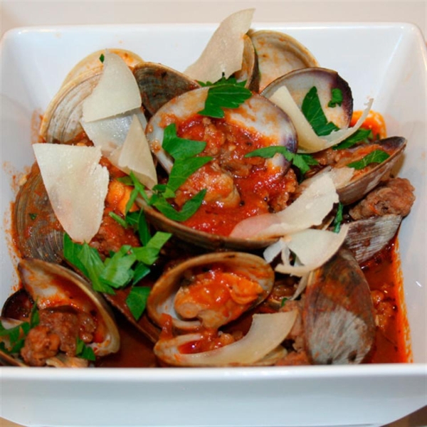 Clams and Sausage in Spicy Marinara with Crostini