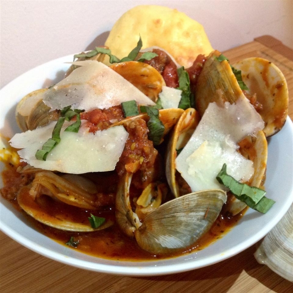 Clams and Sausage in Spicy Marinara with Crostini