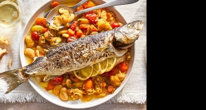 Crispy Roasted Branzini with Burst Tomatoes and Butter Beans