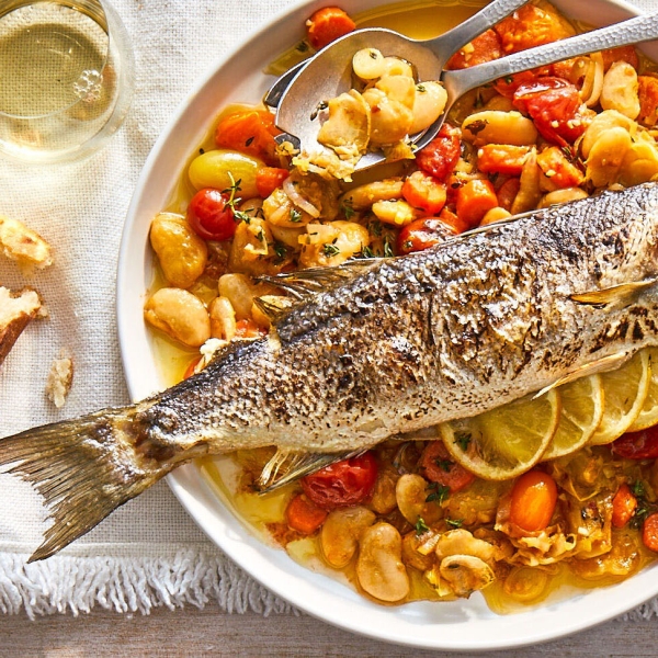 Crispy Roasted Branzini with Burst Tomatoes and Butter Beans