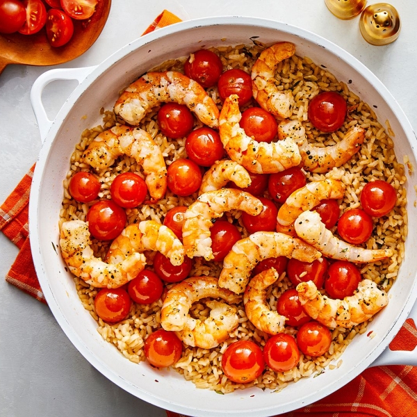 Garlic Shrimp & Rice with Blistered Cherry Tomatoes