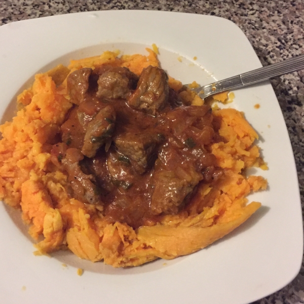 Red Chile Braised Beef Stew over Mashed Sweet Potatoes