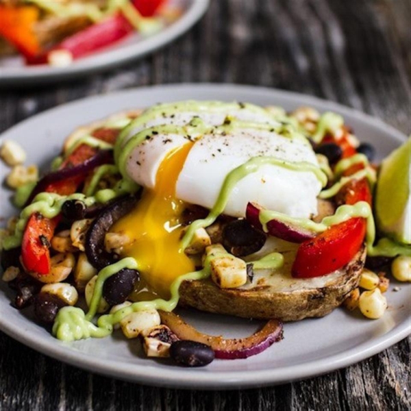 Tex-Mex Eggs Benedict with Grilled Potato Slabs and Avocado-Lime Hollandaise