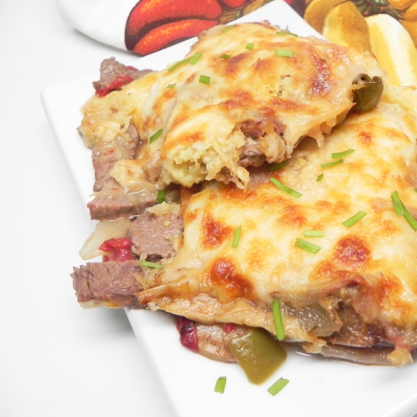 Philly-Cheesesteak Shepherd's Pie with Spaghetti Squash Topping