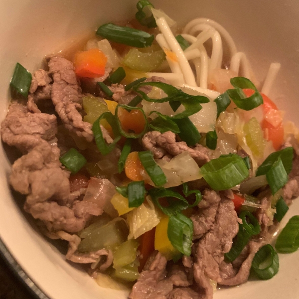 Asian-Themed Beef and Rice Noodle Soup