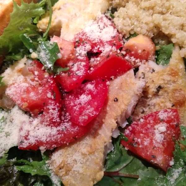 Parmesan Black Cod with Arugula and Tomato Topping