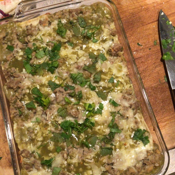 Cheesy Green Chile Chicken Enchilada Casserole