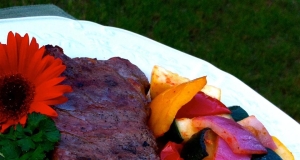 Planked New York Strip Steak with Grilled Veggies