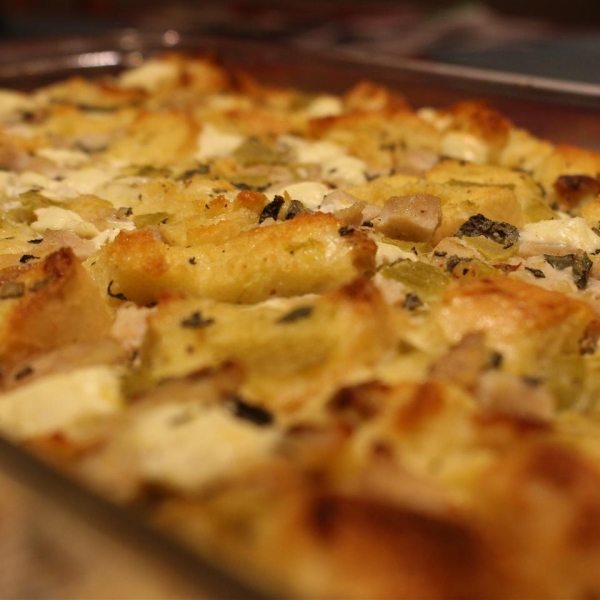 Pork Roast Strata with Green Chiles and Goat Cheese