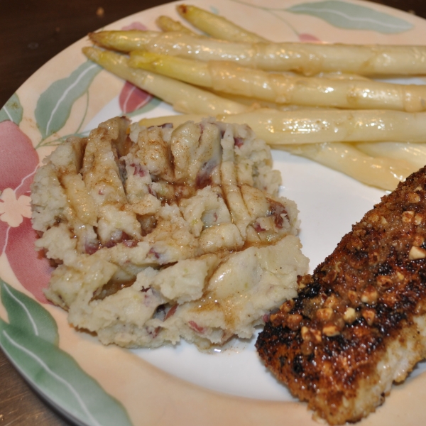 Hazelnut Crusted Halibut with Garlic Mashed Potatoes