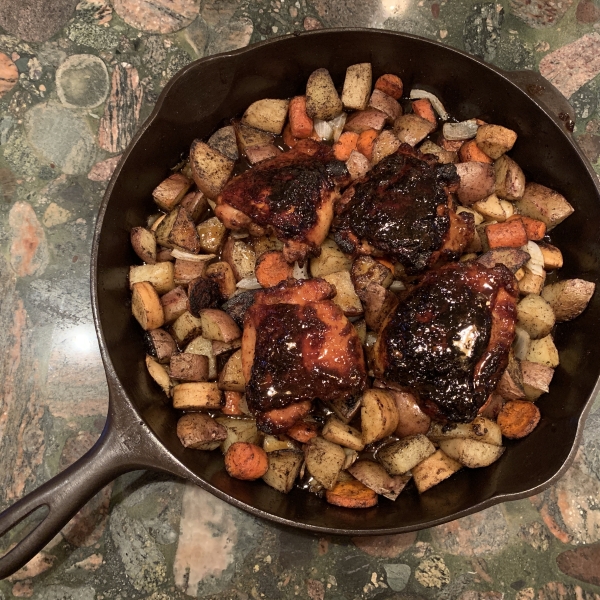Cast Iron Honey-Sriracha Glazed Chicken with Roasted Root Vegetables