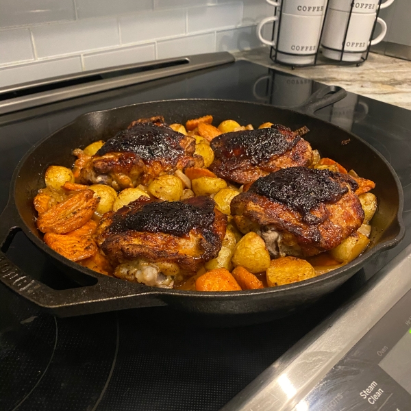 Cast Iron Honey-Sriracha Glazed Chicken with Roasted Root Vegetables