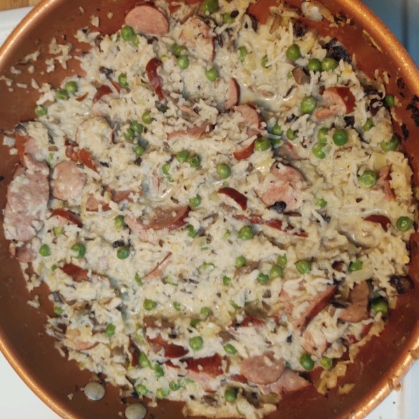 Cheesy Smoked Sausage and Rice Skillet