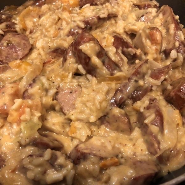 Cheesy Smoked Sausage and Rice Skillet