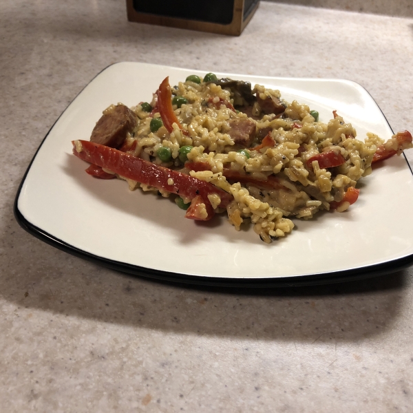 Cheesy Smoked Sausage and Rice Skillet