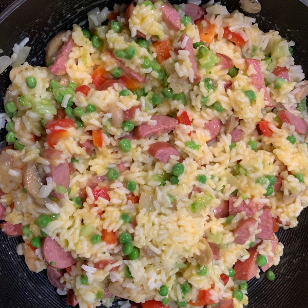 Cheesy Smoked Sausage and Rice Skillet