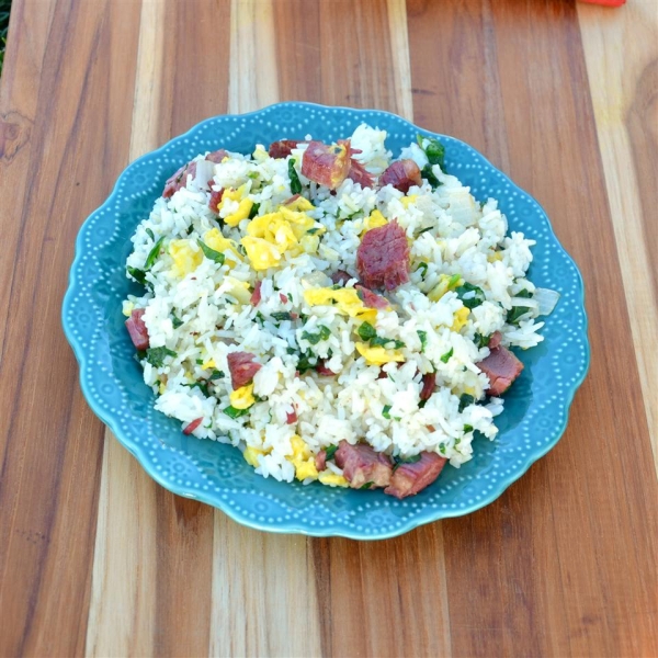 Fried Rice with Corned Beef, Spinach, and Eggs