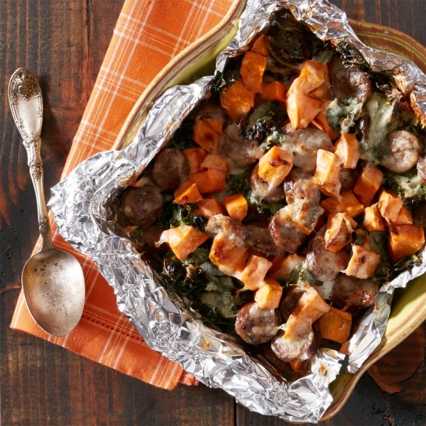 Sweet Potato, Kale and Sausage Bake with Cheese