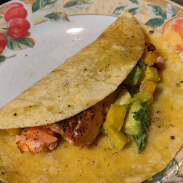 Blackened Salmon Tacos with Chunky Mango Avocado Salsa