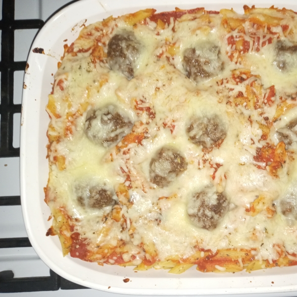 Easy Pasta Bake with Mostaccioli and Meatballs