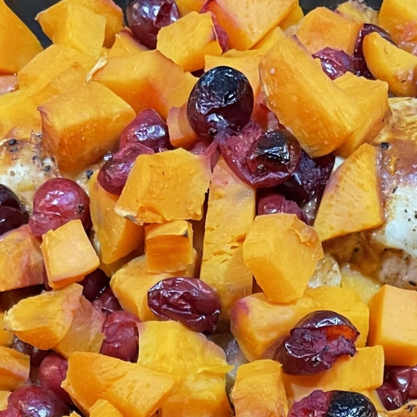 Baked BBQ Chicken with Sweet Potato and Cranberries
