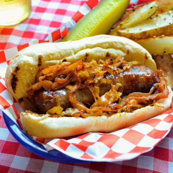 Grilled Brats with Quick-Cooked Cabbage