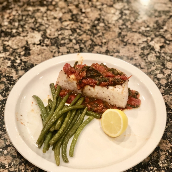 Grilled Amberjack with Tomato Basil Caper Sauce