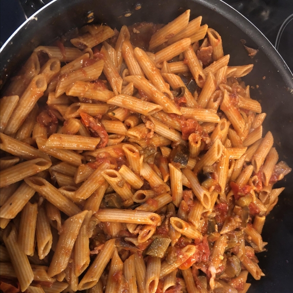 Spicy Eggplant and Pasta with Pancetta