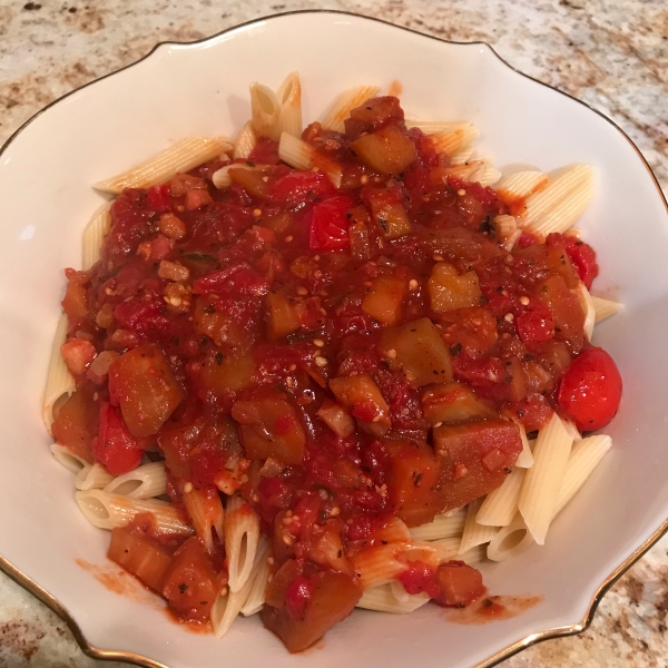 Spicy Eggplant and Pasta with Pancetta