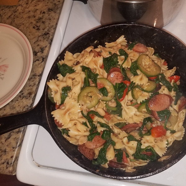Smoked Sausage, White Bean and Spinach Pasta