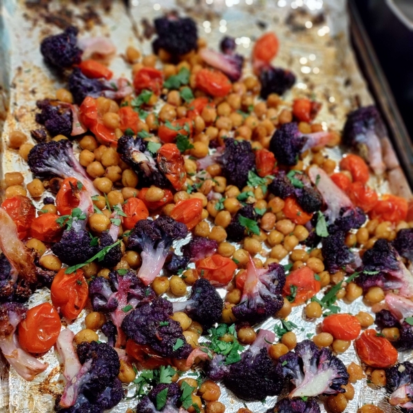 Easy Vegan Sheet Pan Roasted Cauliflower, Tomatoes, and Garbanzo Beans