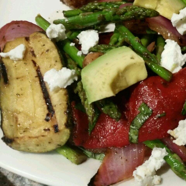Great Grilled Smoky Vegetables with Avocado and Goat Cheese Crumbles