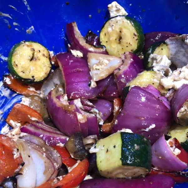 Great Grilled Smoky Vegetables with Avocado and Goat Cheese Crumbles
