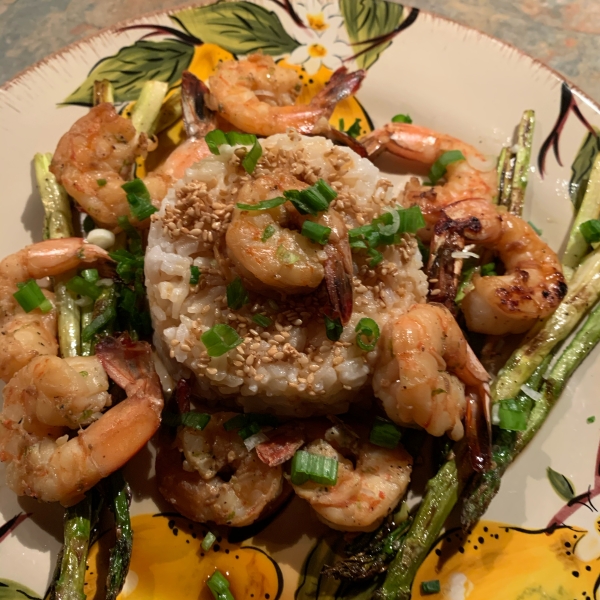 Grilled Teriyaki Prawns with Asparagus and Coconut Rice