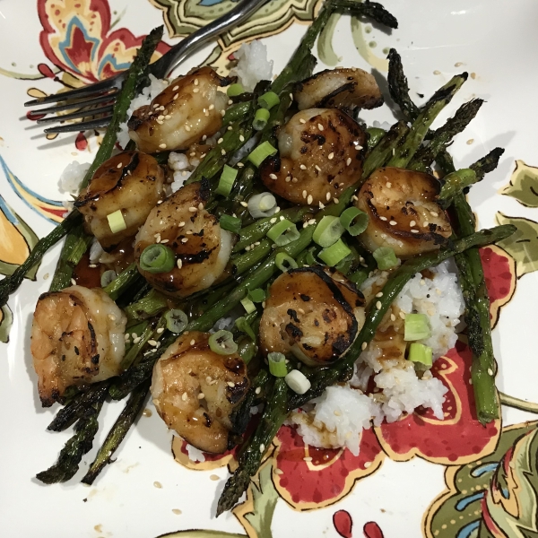 Grilled Teriyaki Prawns with Asparagus and Coconut Rice