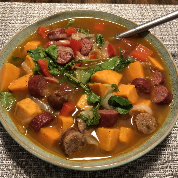 Smokey Sausage, Kale & Sweet Potato Soup
