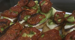 Roasted Tomato, Avocado, and Fresh Mozzarella Crostini